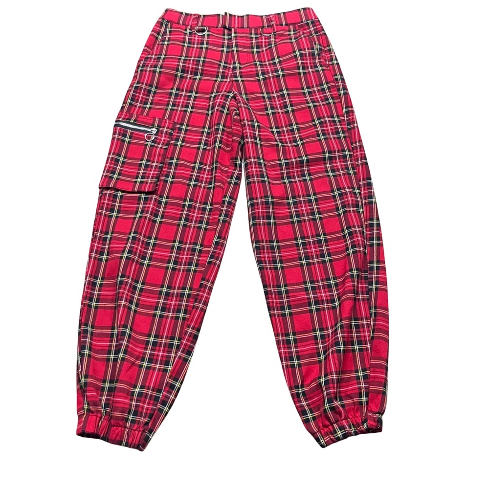 Hot Topic Red Plaid Cargo Joggers Womens Size 5 Punk Grunge Tartan Pants D-Ring